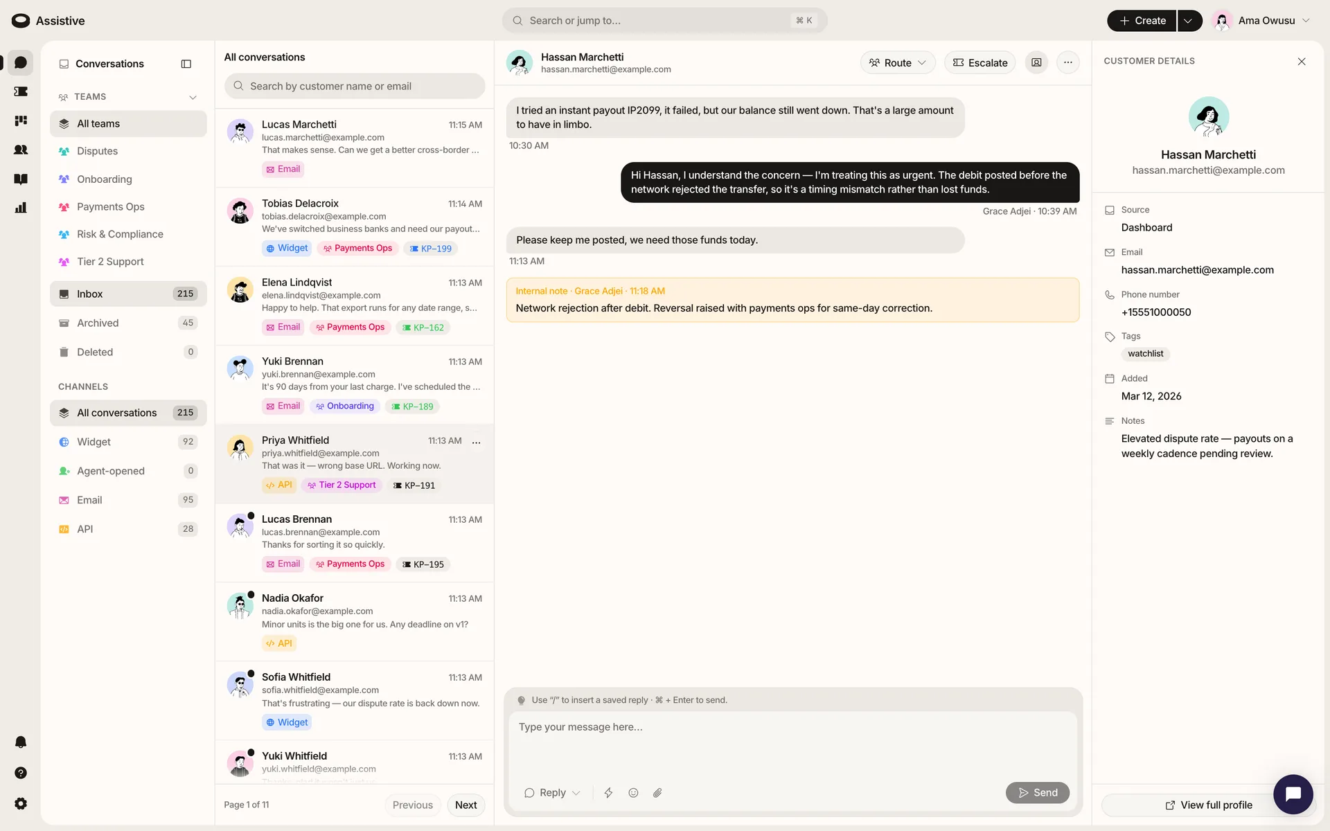 The Assistive shared inbox with a live customer conversation
