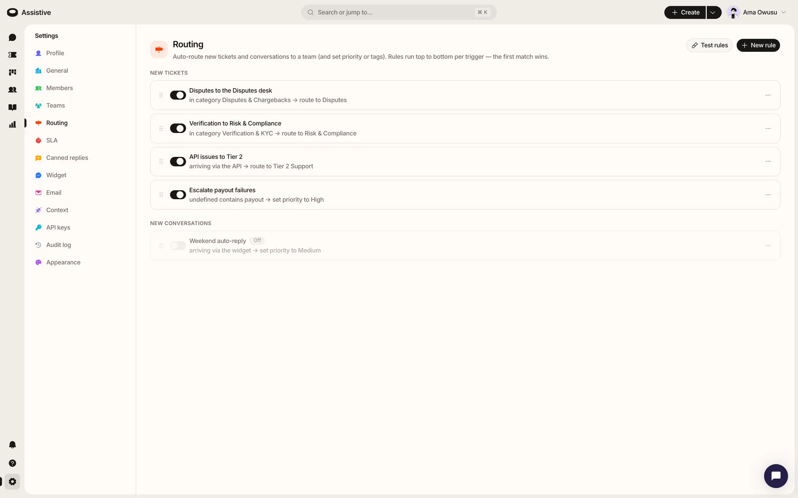 Routing rules sending tickets to the right team in Assistive